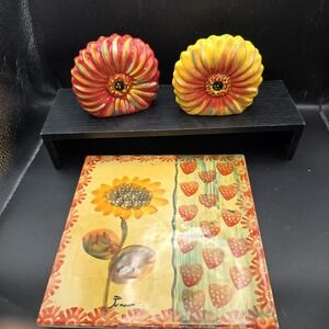 Clay Art Sunflower Salt And Pepper  Shakers And Trivet